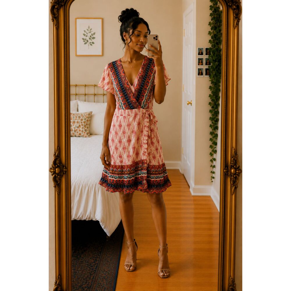 Zesica Women's Boho Wrap Dress Multicolor Tribal Print Size M Waist Tie